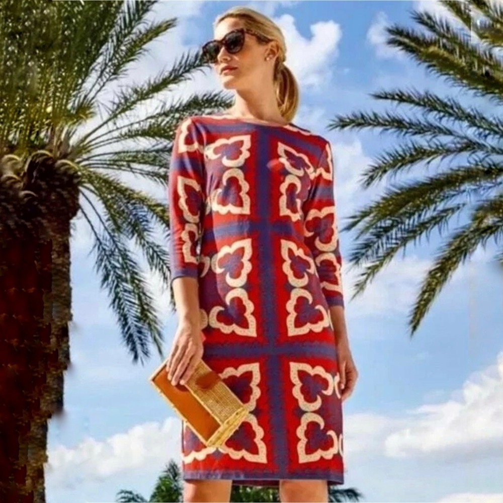 J.McLaughlin Devon Dress 3/4 Sleeve Pinwheel Patch Navy/Multi Size‎ Medium